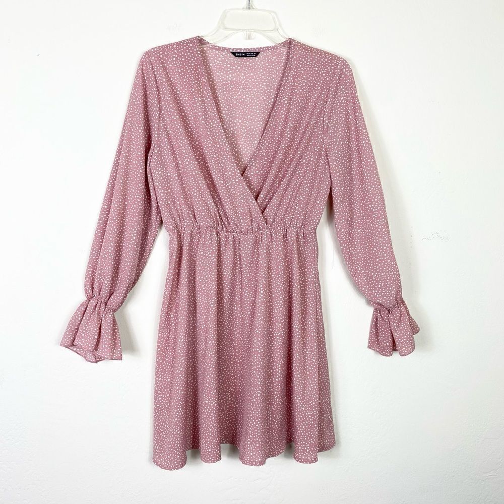 Shein Pink & White Spotted Speckled Long Sleeve Surplice Wrap Dress